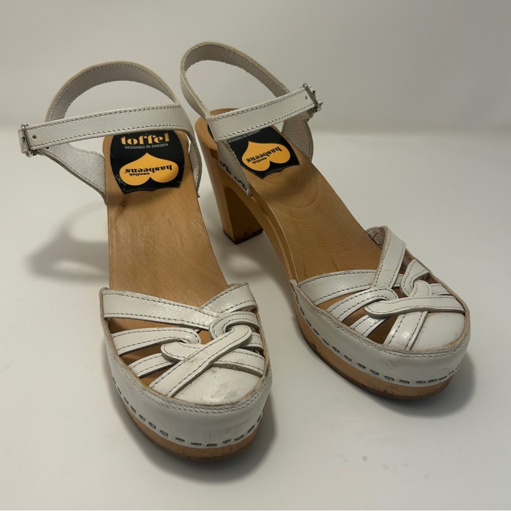 Toffel Swedish Hasbeens Fredrica White Wooden Closed Toe Clog Sandal Sz 39